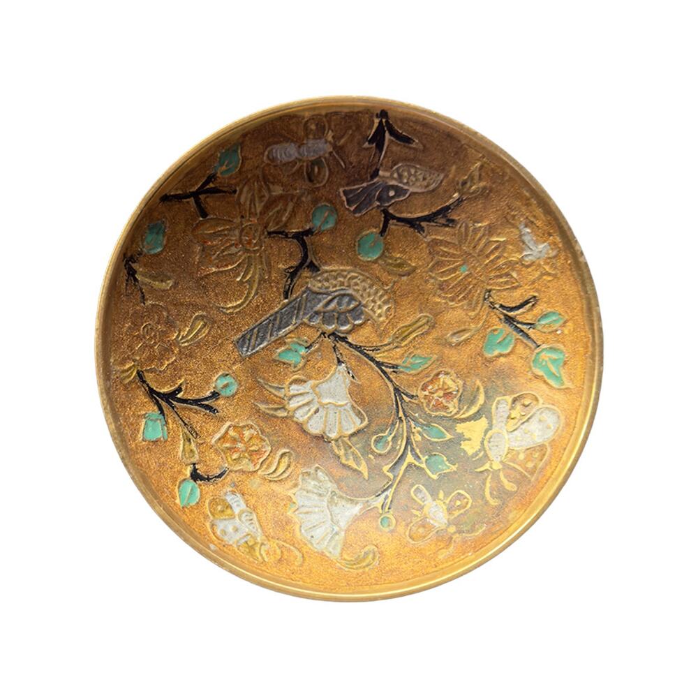 Brass Cloisonné Decorative Trinket Pedestal Dish/Bowl Birds Flowers Vtg 1970s - Picture 4 of 7